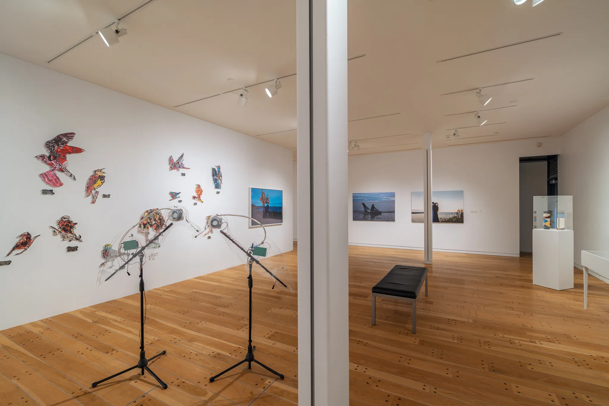 General view. Room 2. Dominique Paul, Parle-moi | Talk To Me (2023) and Danoiseaux (2020-21) (left), Meryl McMaster (center in the background) and Richard Ibghy, Marilou Lemmens, Les maisons | Homes, (2024) (right). Photo by Anthony François